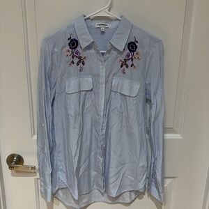 Express light blue/white striped button down with floral embroidery